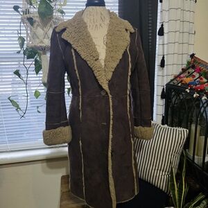 Vintage Chocolate Brown Suede Tan Shearling Penny Lane Boho Rocker Vibe Coat